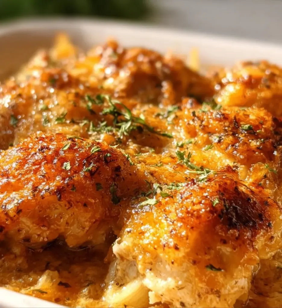 Rich and creamy Million Dollar Chicken Casserole topped with buttery breadcrumbs.