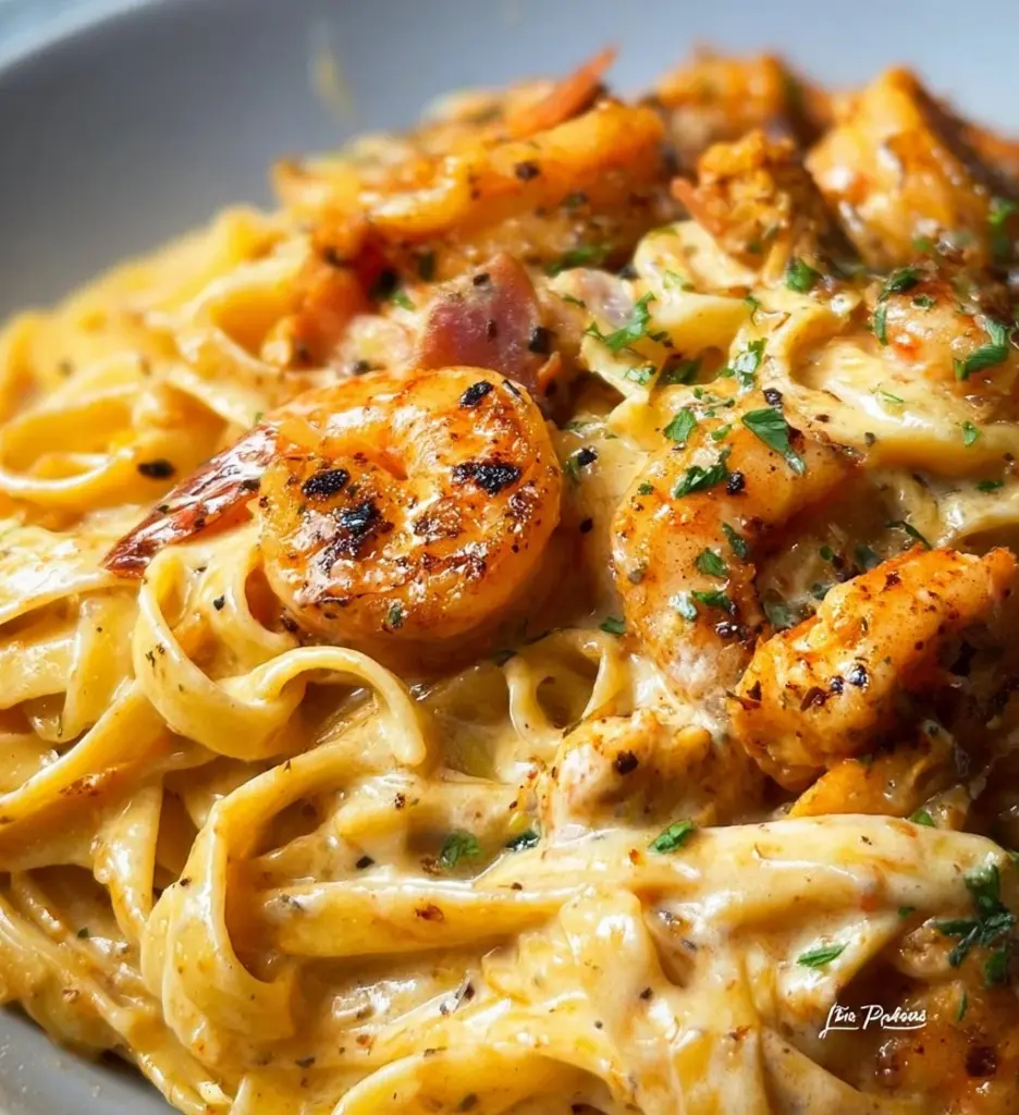 Delicious Cajun Chicken Alfredo with shrimp served on a plate