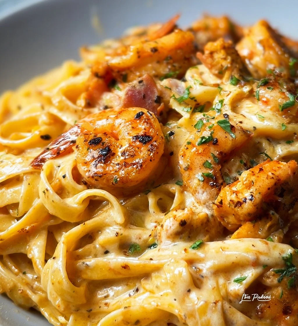 Delicious Cajun Chicken Alfredo with shrimp served on a plate