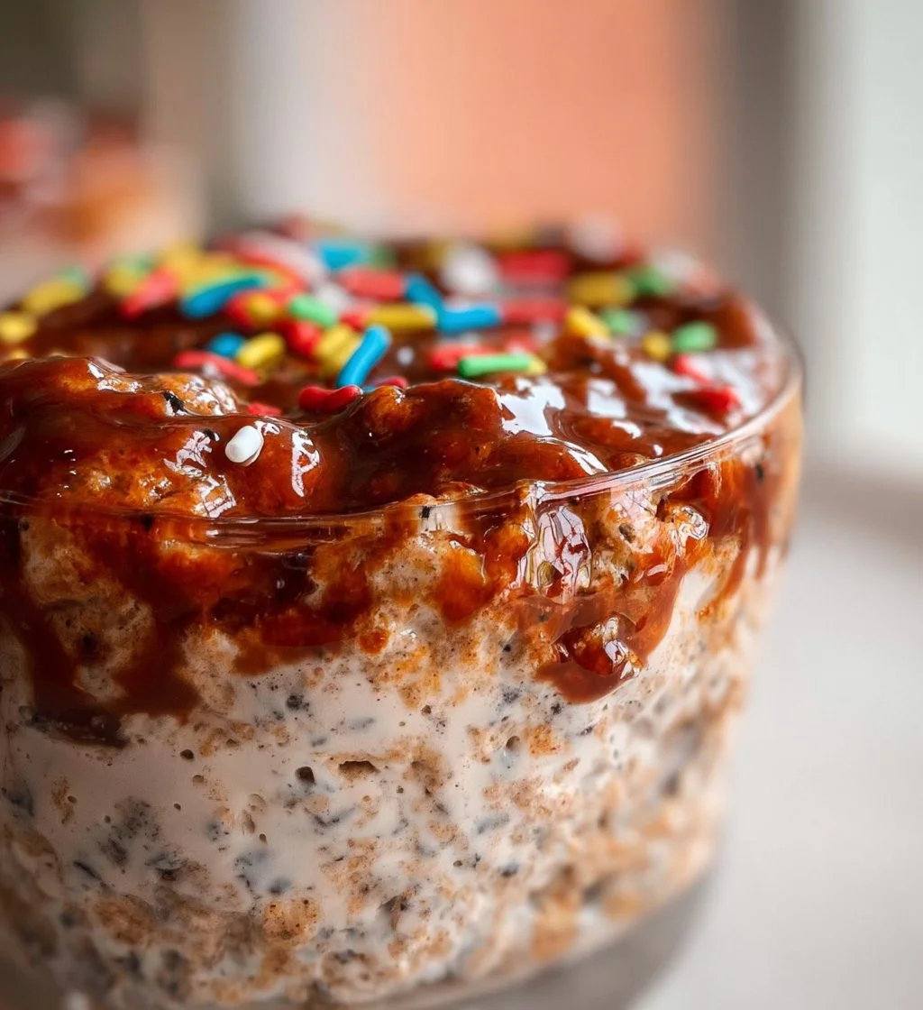Delicious cake batter overnight oats topped with sprinkles in a bowl.