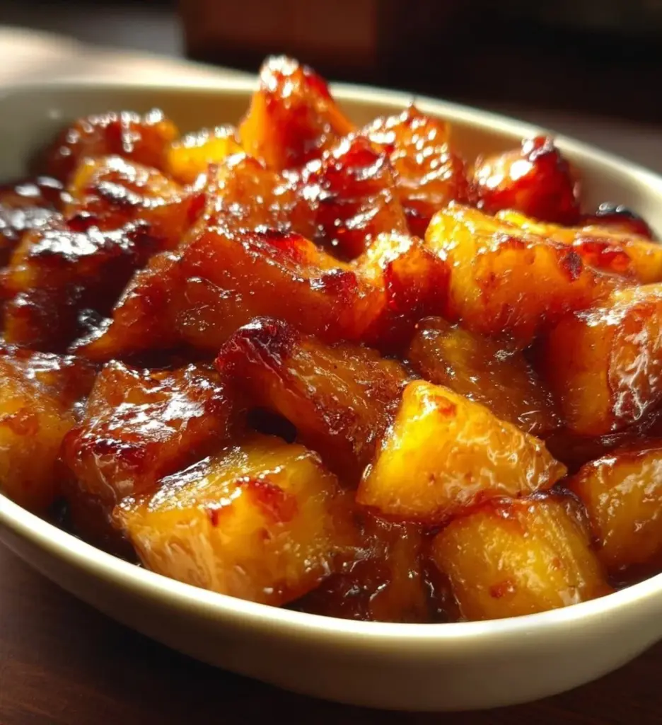 Delicious dish of candied sweet potatoes and pineapple garnished for serving