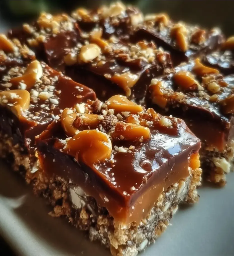 Delicious homemade Caramel Chocolate Crunch Bars topped with chocolate and caramel.