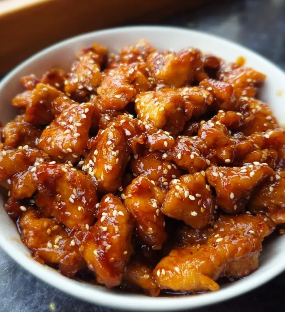 Caramelized sesame chicken dish garnished with sesame seeds and green onions