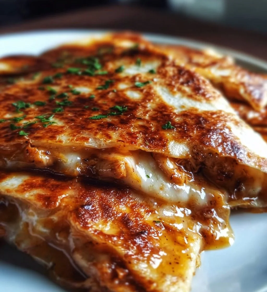 Cheesy hot honey chicken quesadillas with melted cheese and garnishes