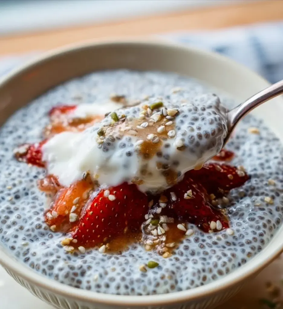 Chia seed pudding with yogurt topped with fresh berries in a glass bowl.
