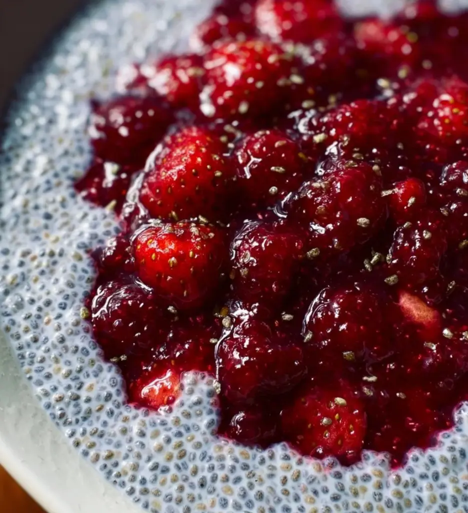 Chia seed pudding topped with yogurt and fresh fruits