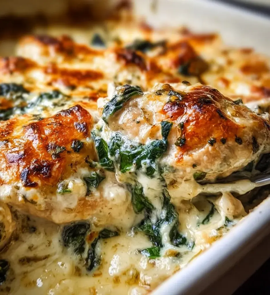 Delicious Chicken and Spinach Casserole with Cream Cheese baked in a dish