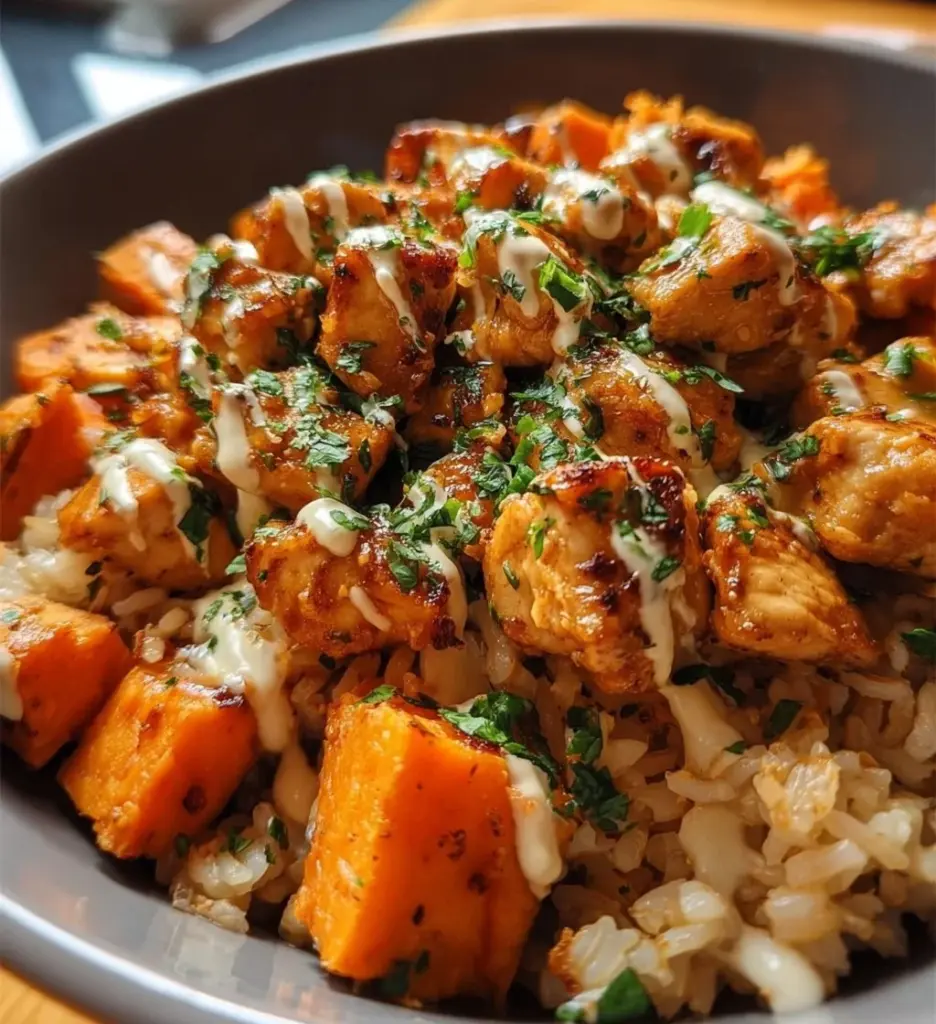 Healthy Chicken and Sweet Potato Rice Bowl with vegetables