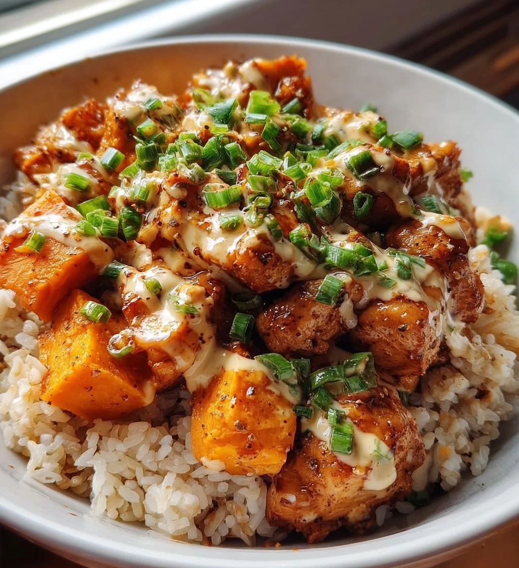 Delicious Chicken Rice Bowl with tender chicken and sweet potatoes