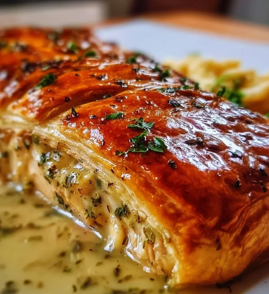 Delicious Chicken Wellington with golden pastry crust and savory filling
