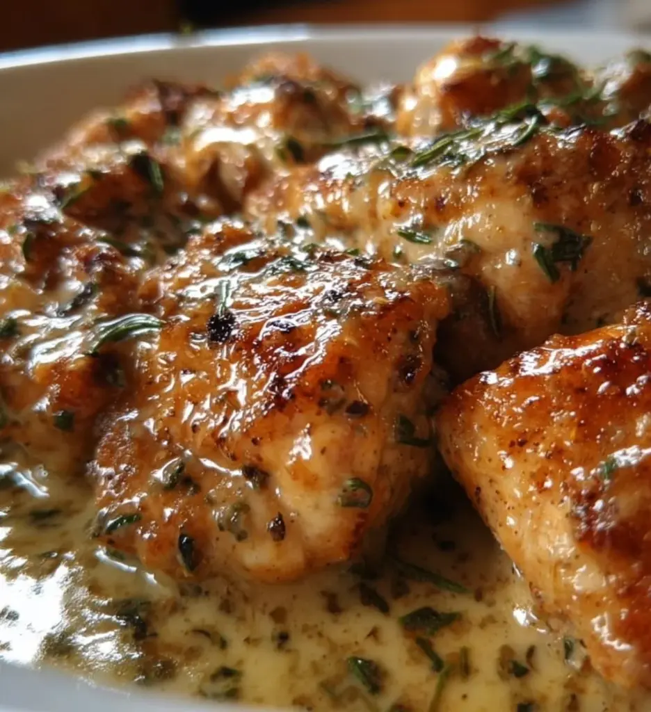 Plate of Chicken with Boursin Sauce, garnished and ready to serve.