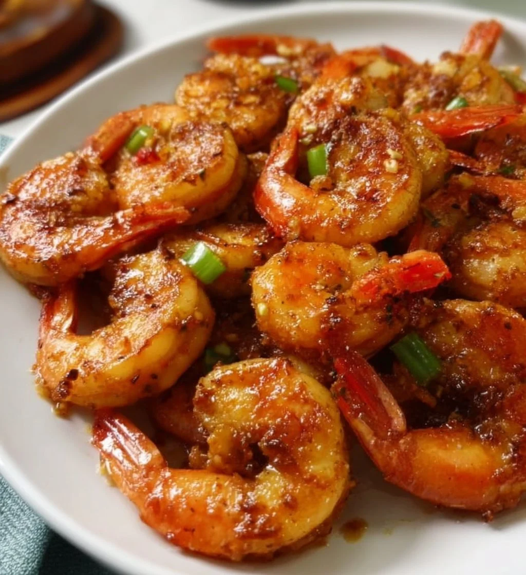 Plate of delicious Chinese Salt and Pepper Shrimp garnished with green onions.