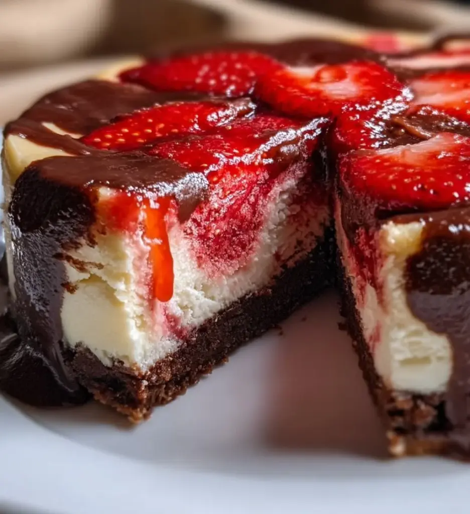 Delicious Chocolate Strawberry Swirl Cheesecake topped with fresh strawberries
