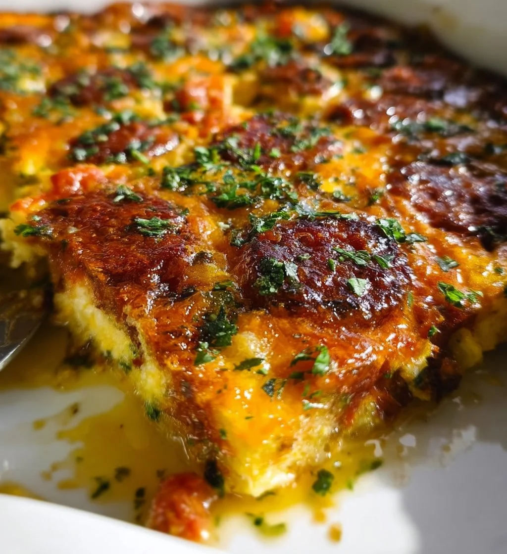 Chorizo Potato Casserole with eggs baked to perfection