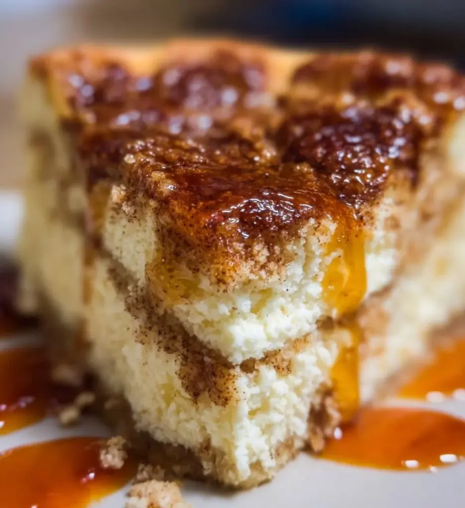 A delicious slice of Cinnamon Crunch Cheesecake with a spiced topping.