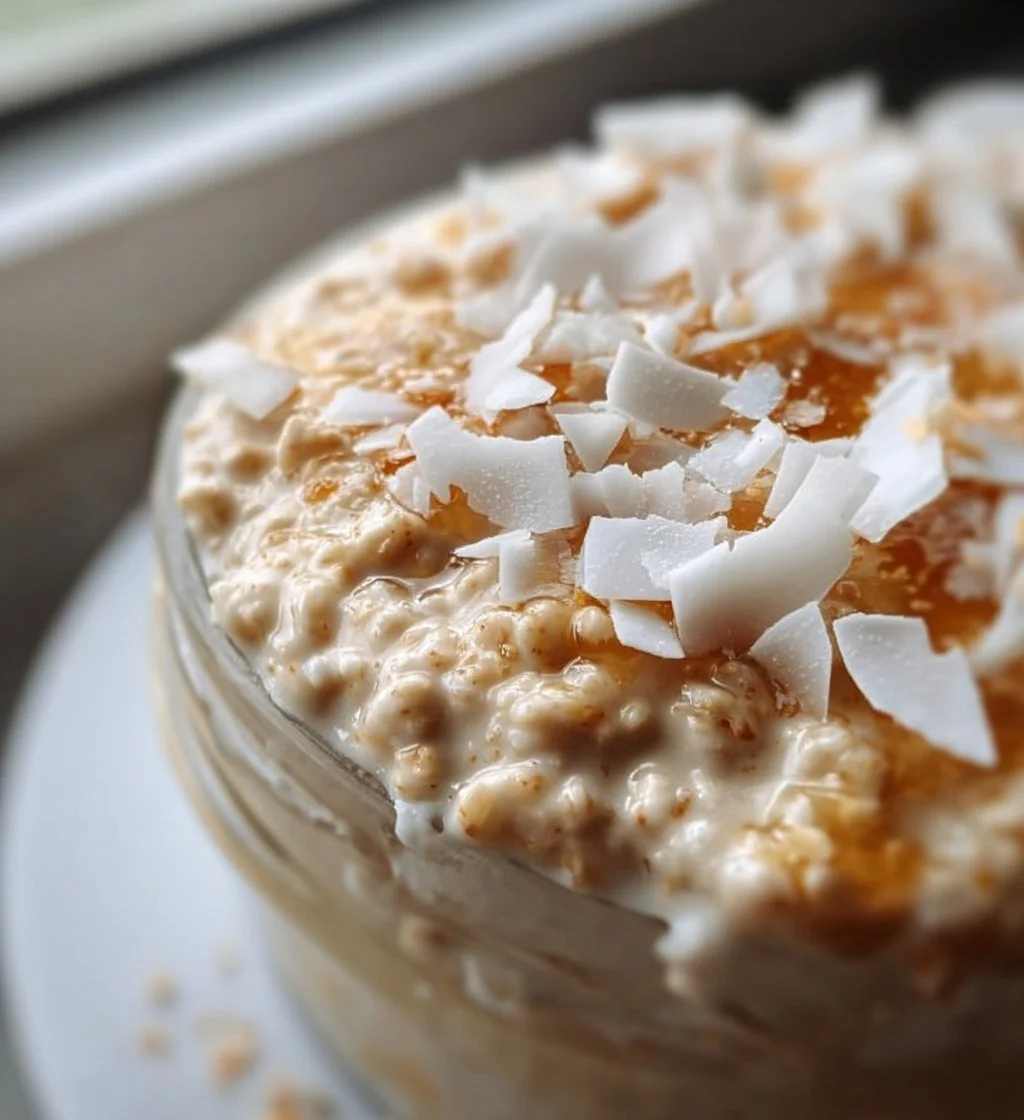 A bowl of Coconut Cream Pie Overnight Oats topped with coconut flakes and fruit.