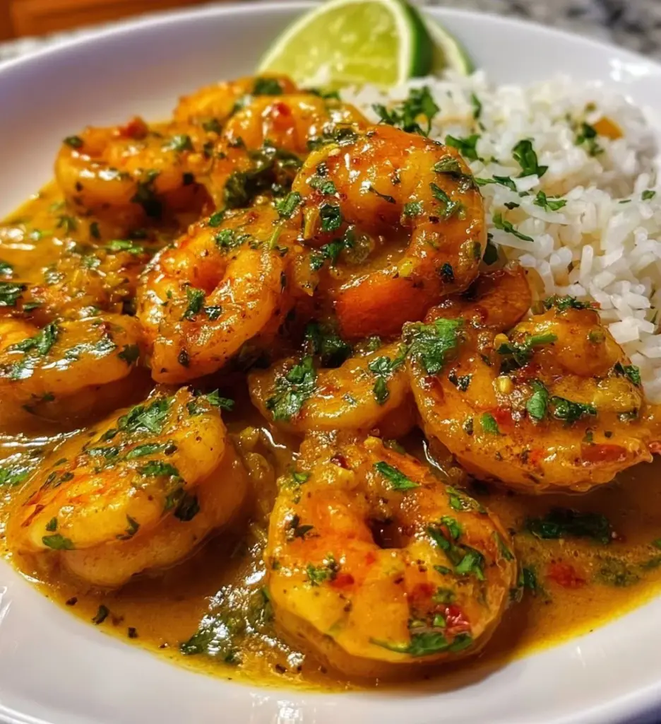 Delicious coconut curry shrimp served with fresh herbs and spices.