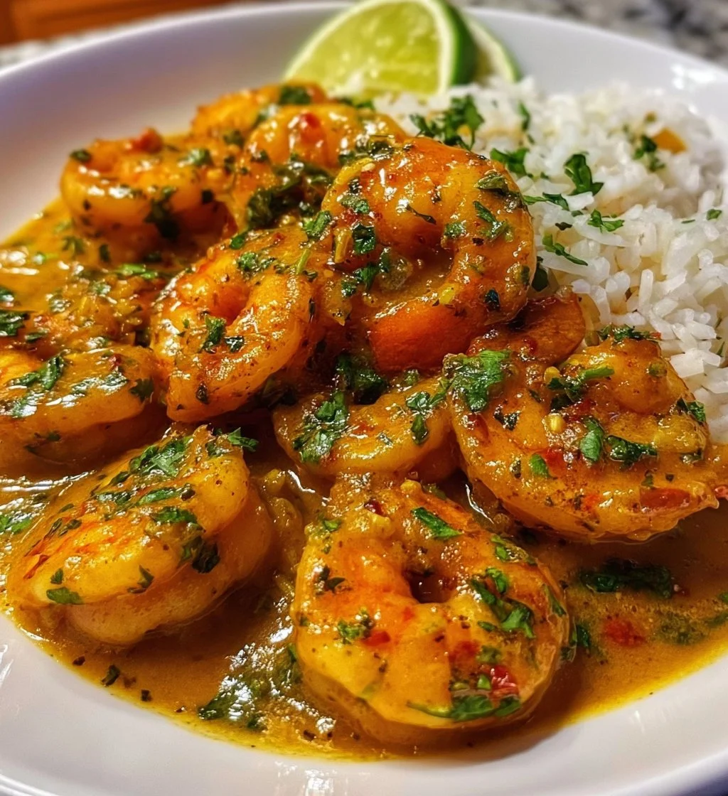 Delicious coconut curry shrimp served with fresh herbs and spices.