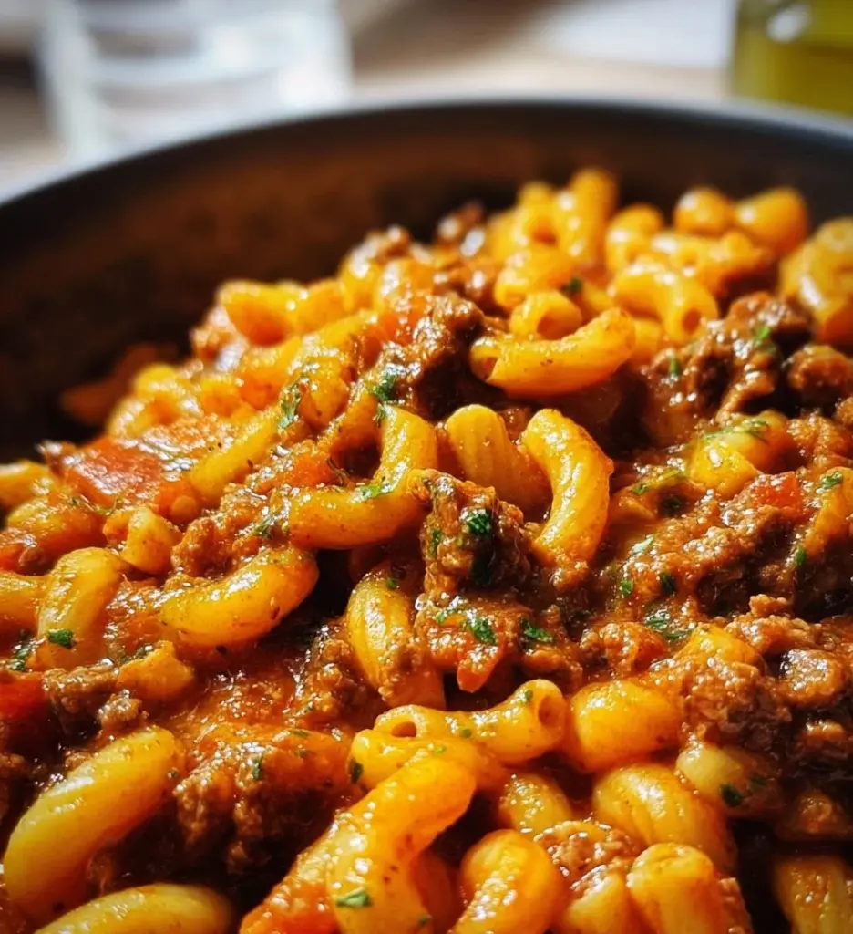 A warm bowl of comforting Beefaroni served with cheese and herbs.