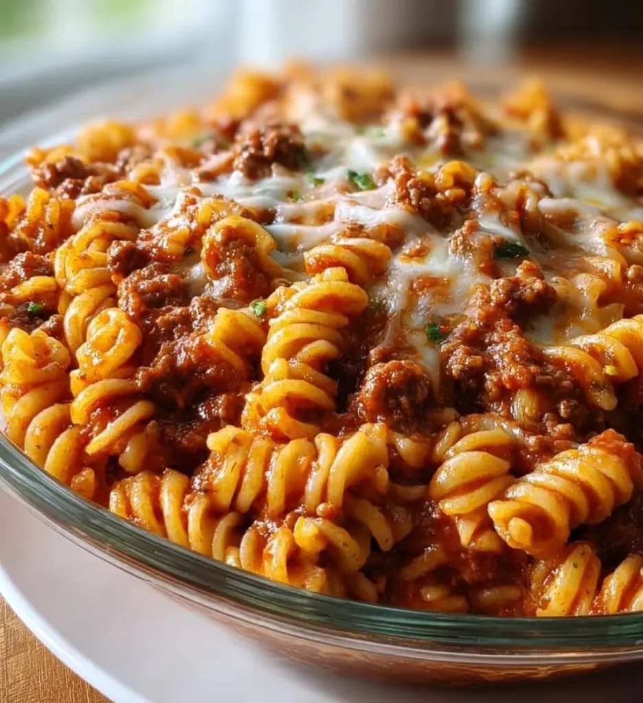 Comforting ground beef pasta bake topped with cheese in a baking dish