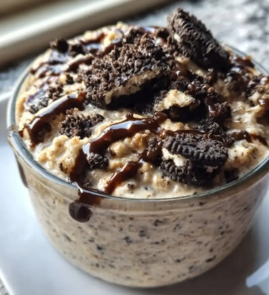 A bowl of cookies and cream overnight oats topped with cookie crumbles