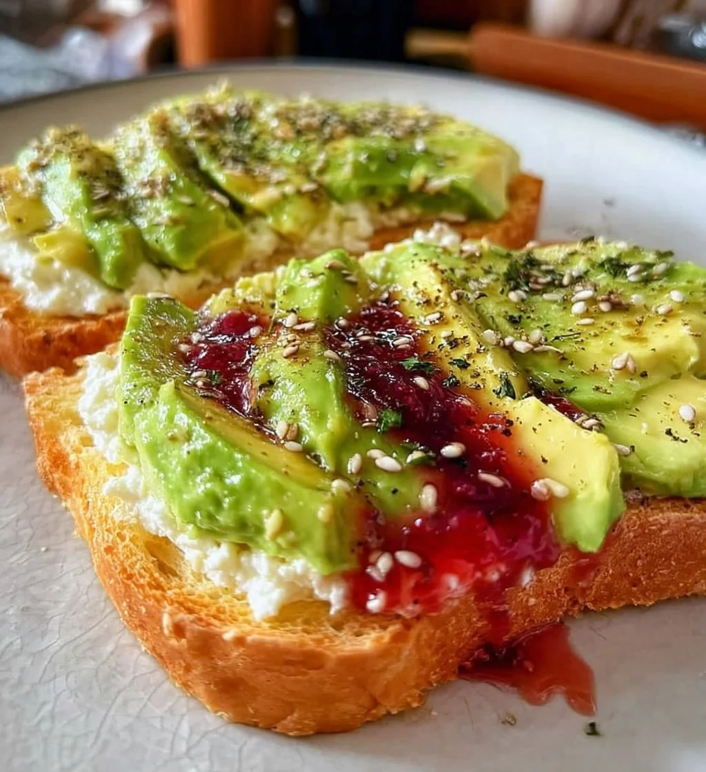 Delicious cottage cheese avocado toast topped with fresh herbs and spices
