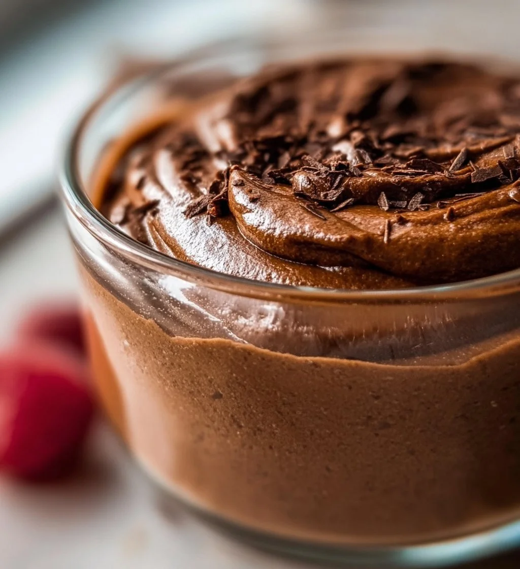 Delicious Cottage Cheese Chocolate Mousse garnished with chocolate shavings