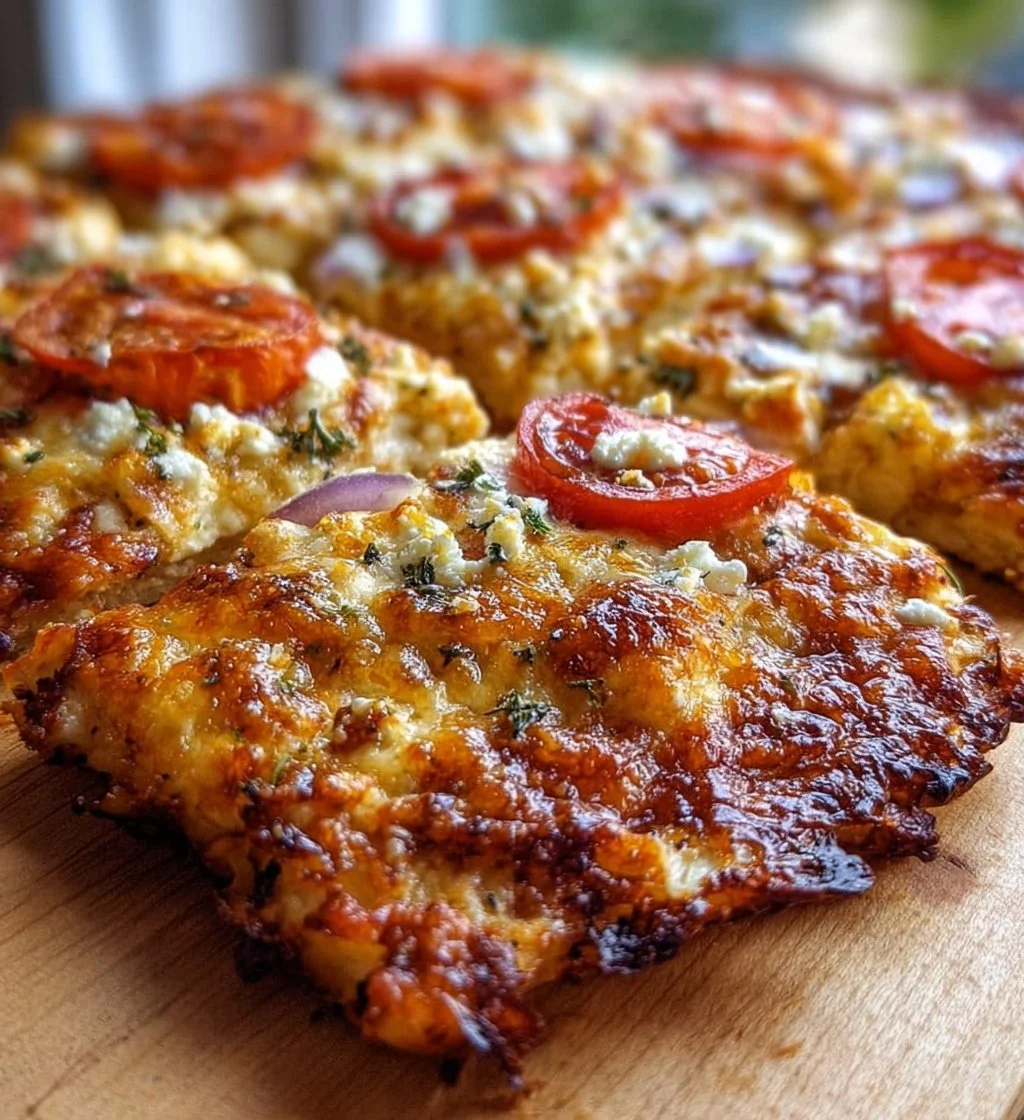Cottage cheese flatbread pizza topped with fresh vegetables and herbs