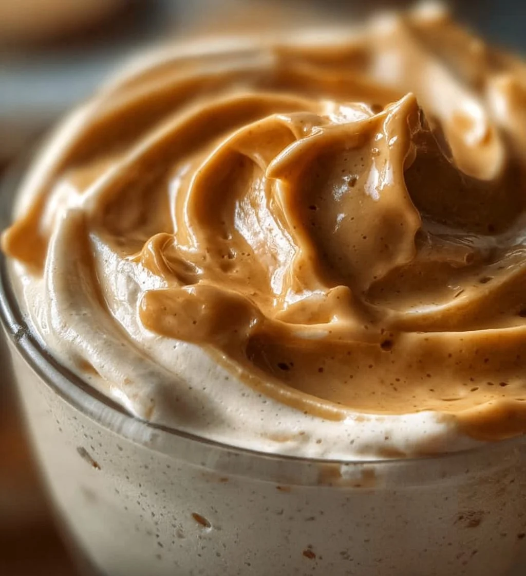 Delicious cottage cheese mousse topped with peanut butter and garnished for presentation