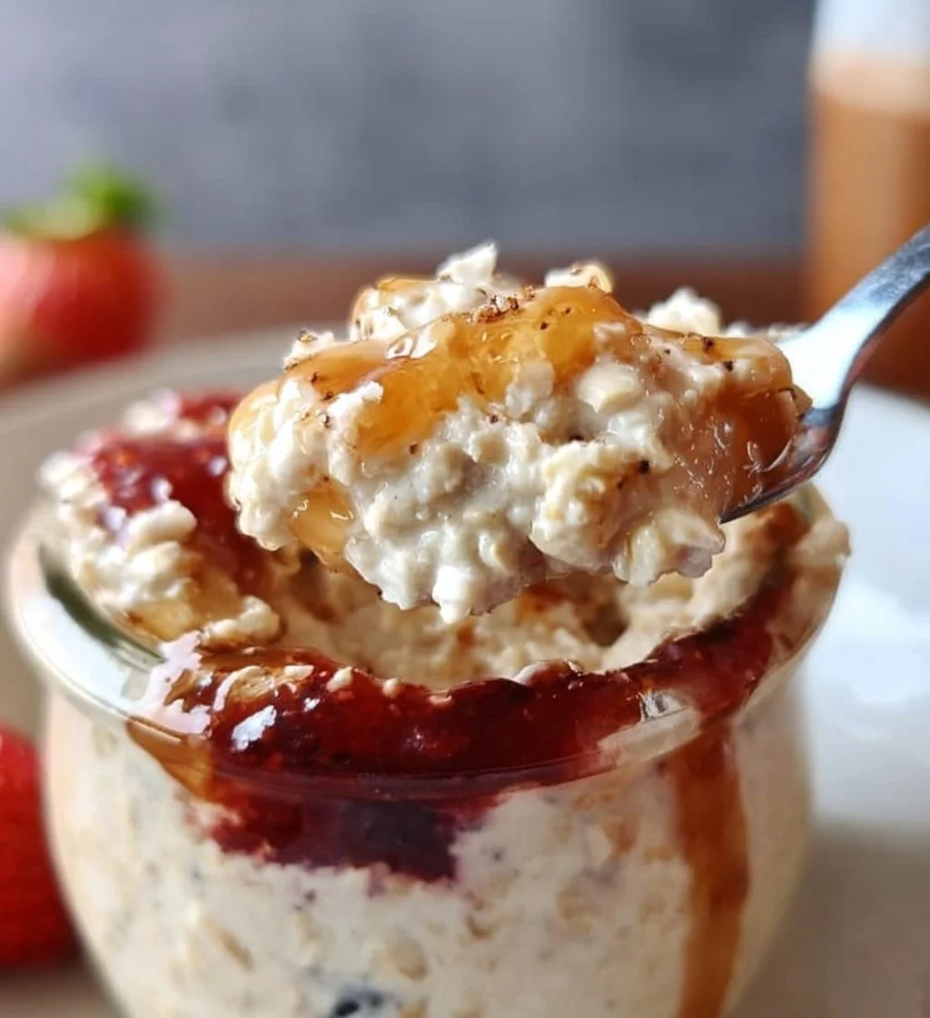 Cottage Cheese Overnight Oats with fruits and nuts in a bowl