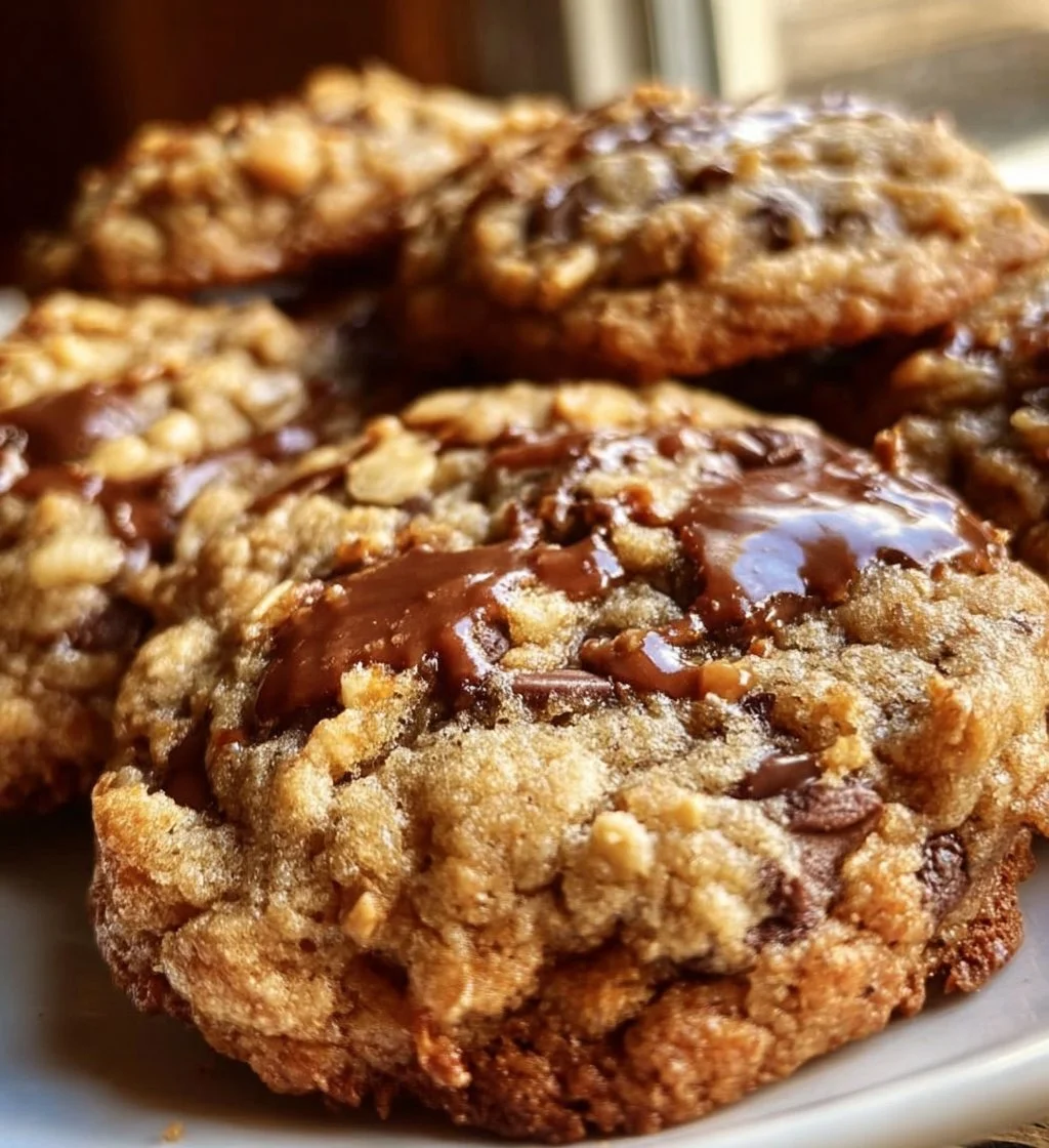 Freshly baked Cowboy Cookies with chocolate chips and nuts on a rustic table.