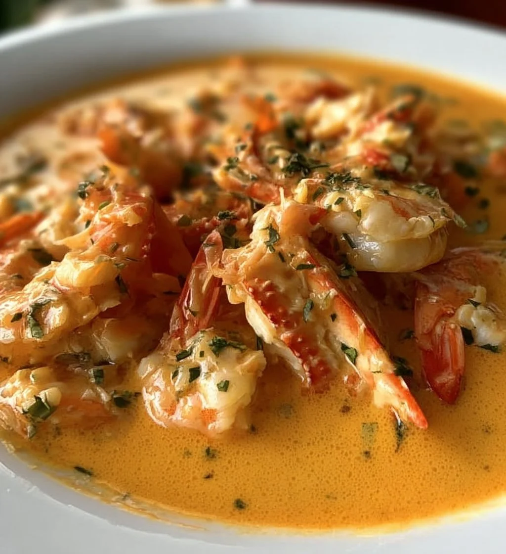 Delicious crab and shrimp seafood bisque served in a bowl with herbs.