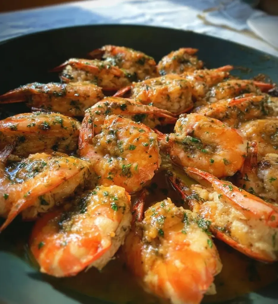 Delicious crab stuffed shrimp on a plate garnished with herbs