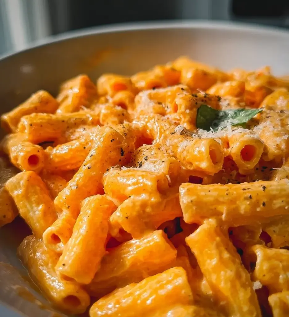 Creamy cottage cheese pasta dish with fresh vegetables and herbs