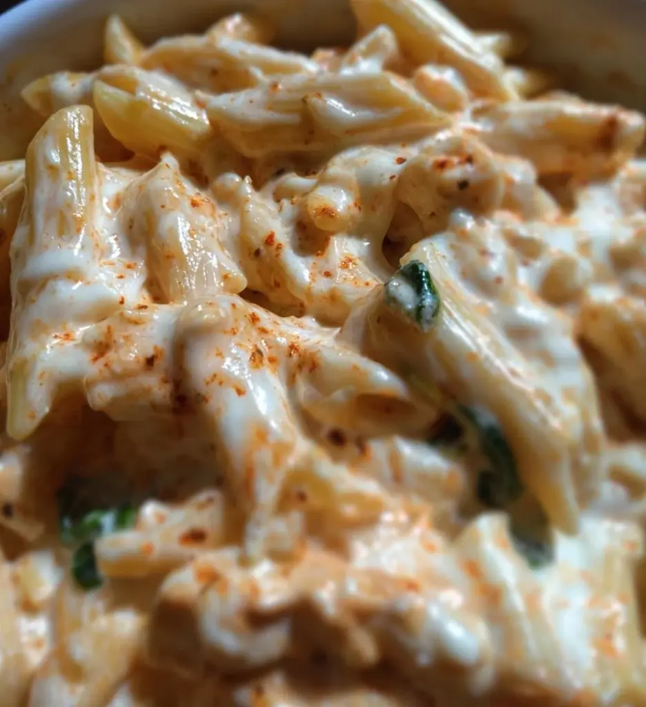 Creamy Greek yogurt pasta sauce served with fresh herbs and pasta.