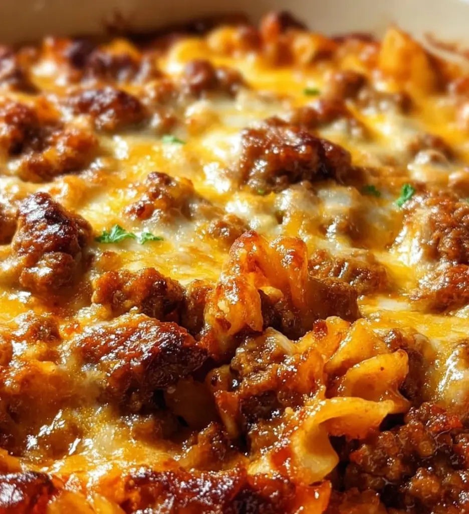 Creamy ground beef casserole with cream cheese served in a baking dish