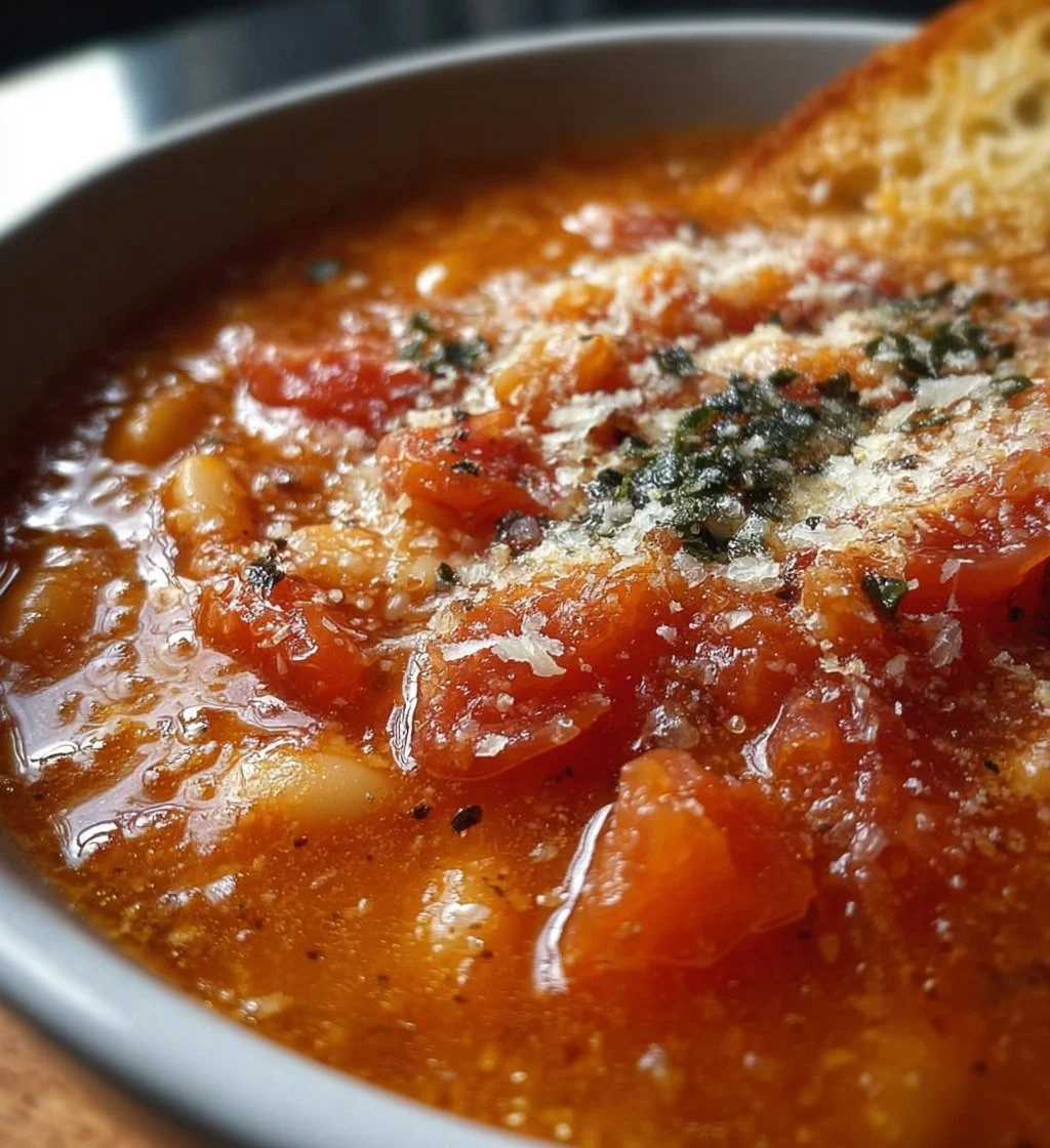 Creamy Parmesan tomato soup with Cannellini beans in a bowl, garnished with herbs.