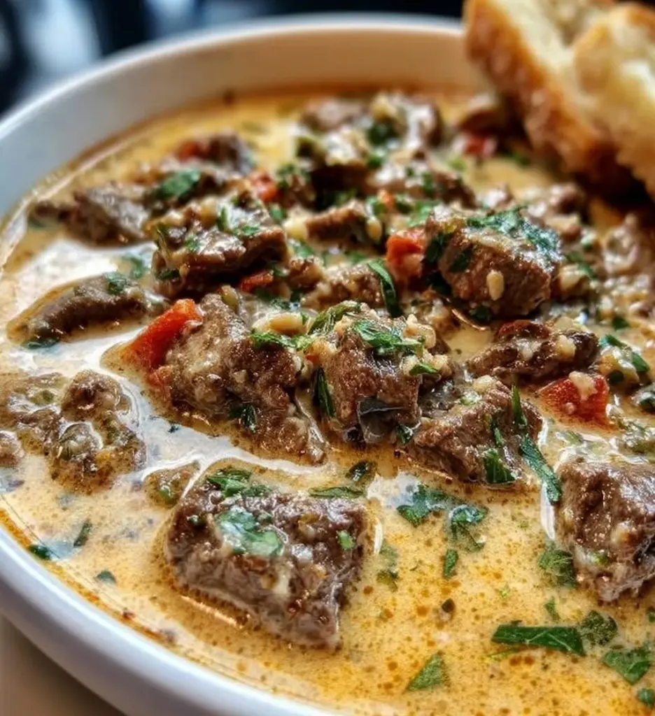 Creamy cheese steak soup in a bowl with ingredients around it