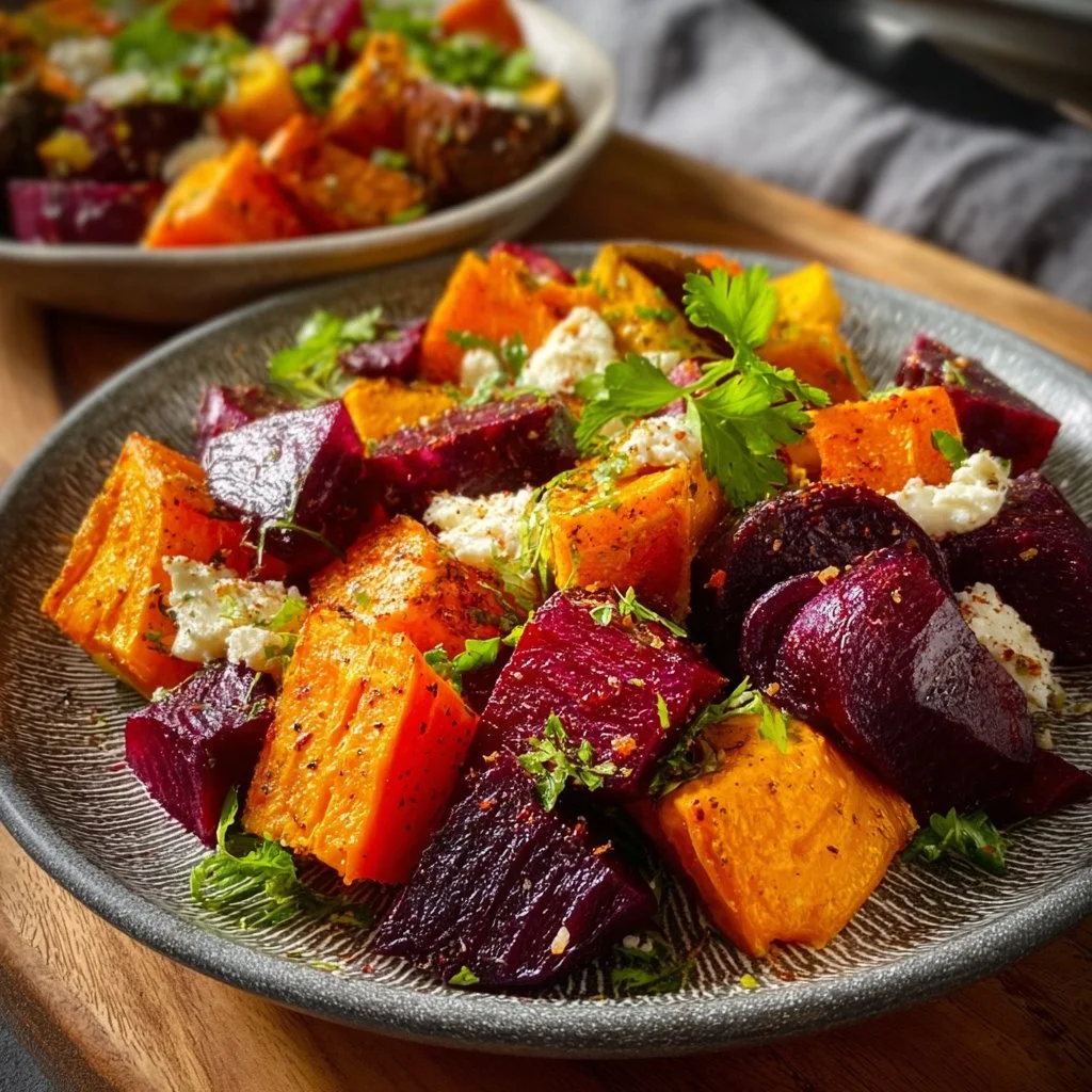 Creamy roasted beet salad with sweet potato and feta cheese on a plate