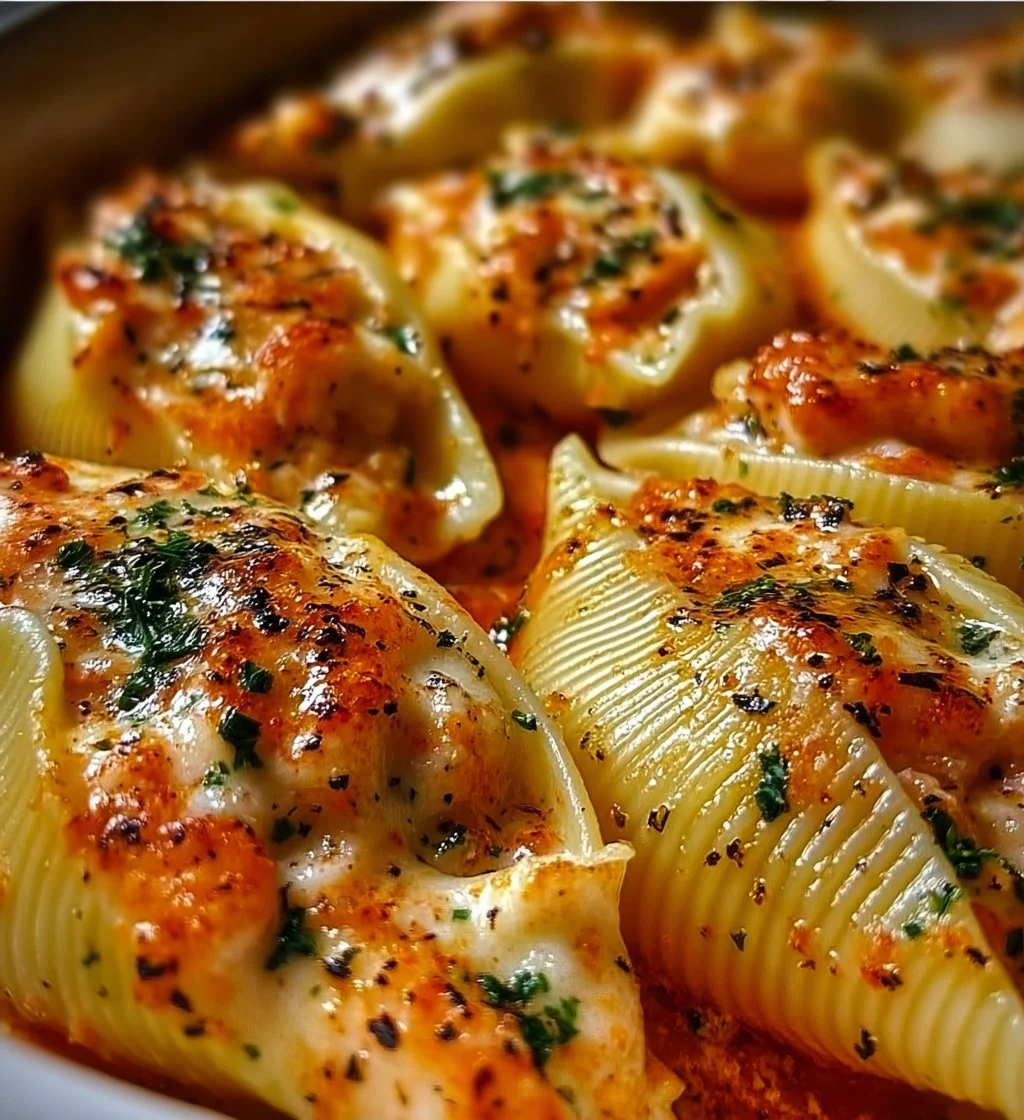 Creamy seafood stuffed shells on a plate, garnished with herbs.