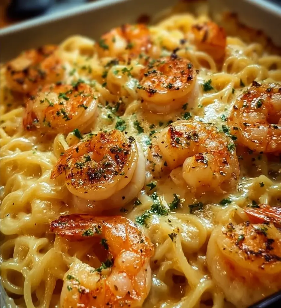 Creamy shrimp scampi pasta bake topped with herbs and cheese