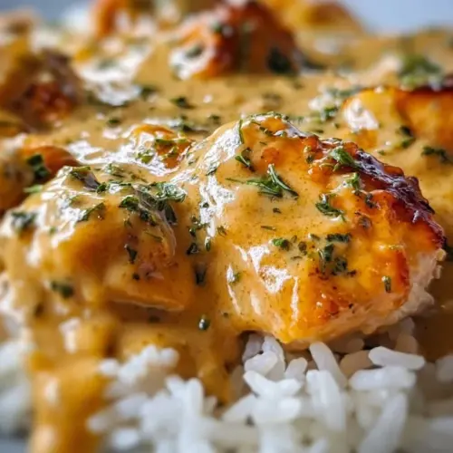 Creamy smothered chicken served on a bed of rice, garnished with herbs