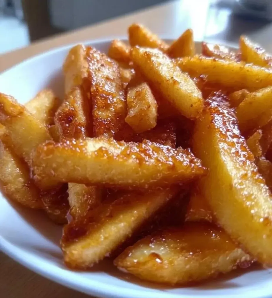 Crispy air fryer apple fries served in a bowl with a sprinkle of cinnamon