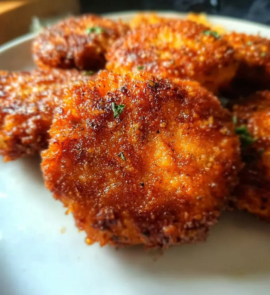 Crispy chicken fritters served with dipping sauce and garnished with herbs