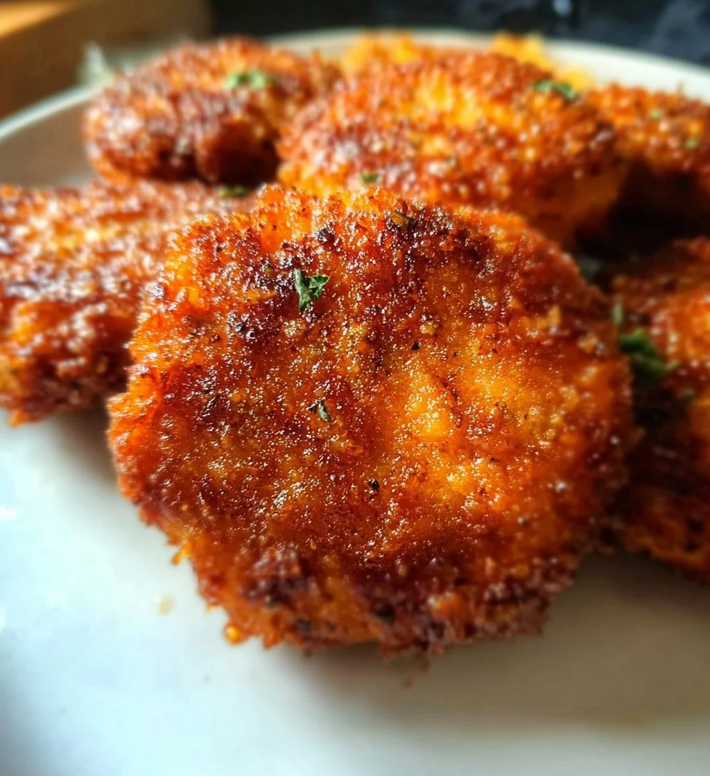 Crispy chicken fritters served with dipping sauce and garnished with herbs