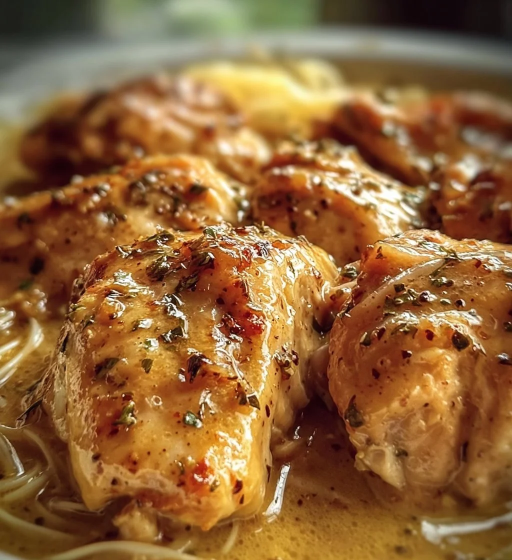 Crock Pot Angel Chicken served with creamy sauce in a bowl.
