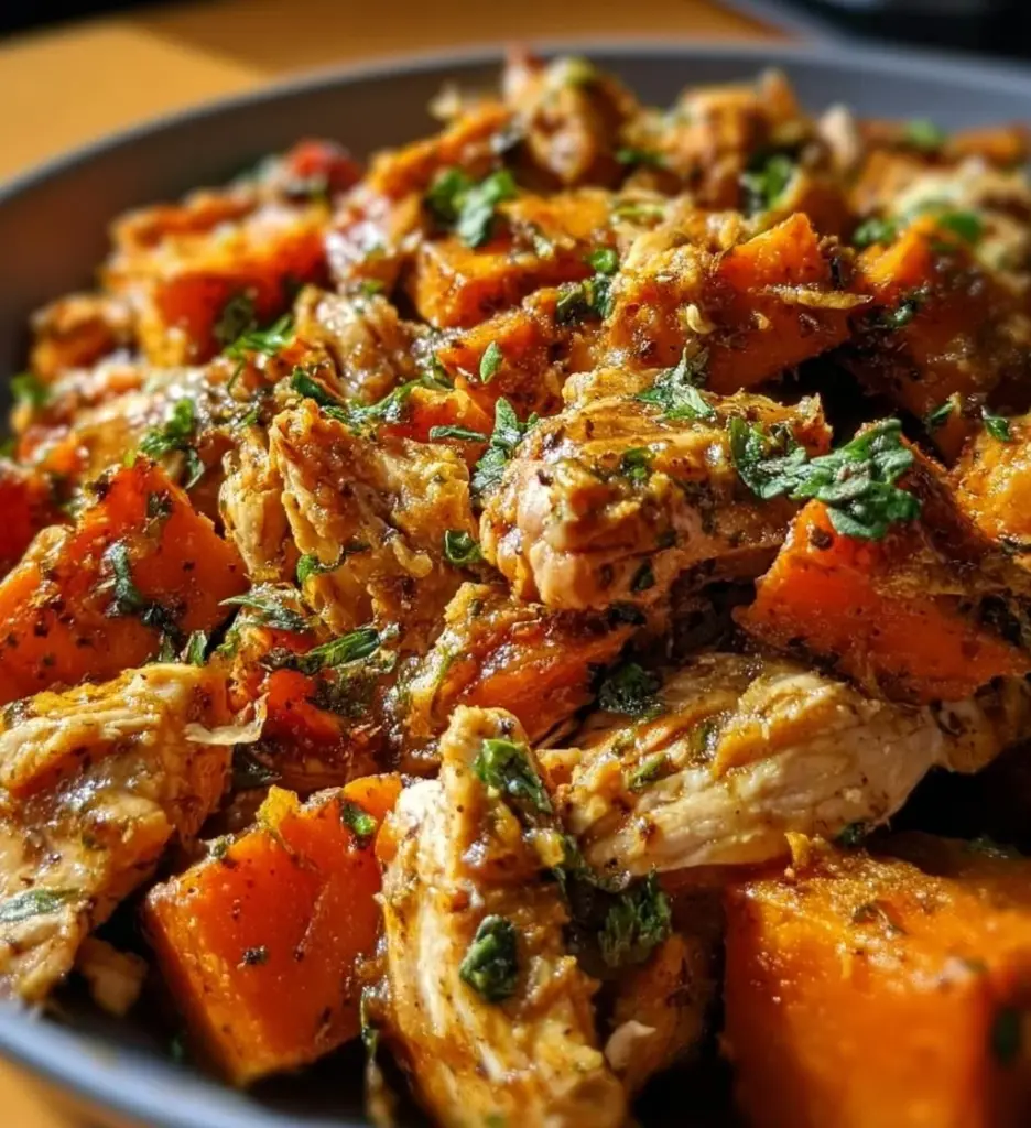 Crockpot Chicken with Sweet Potatoes in a slow cooker, ready to serve