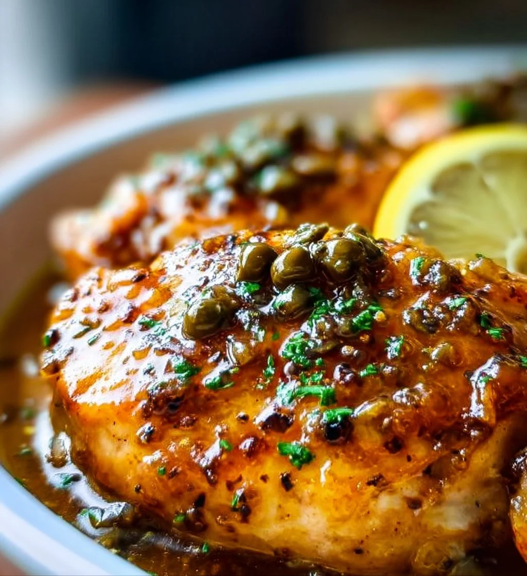 Crockpot Chicken Piccata with lemon and capers served on a plate