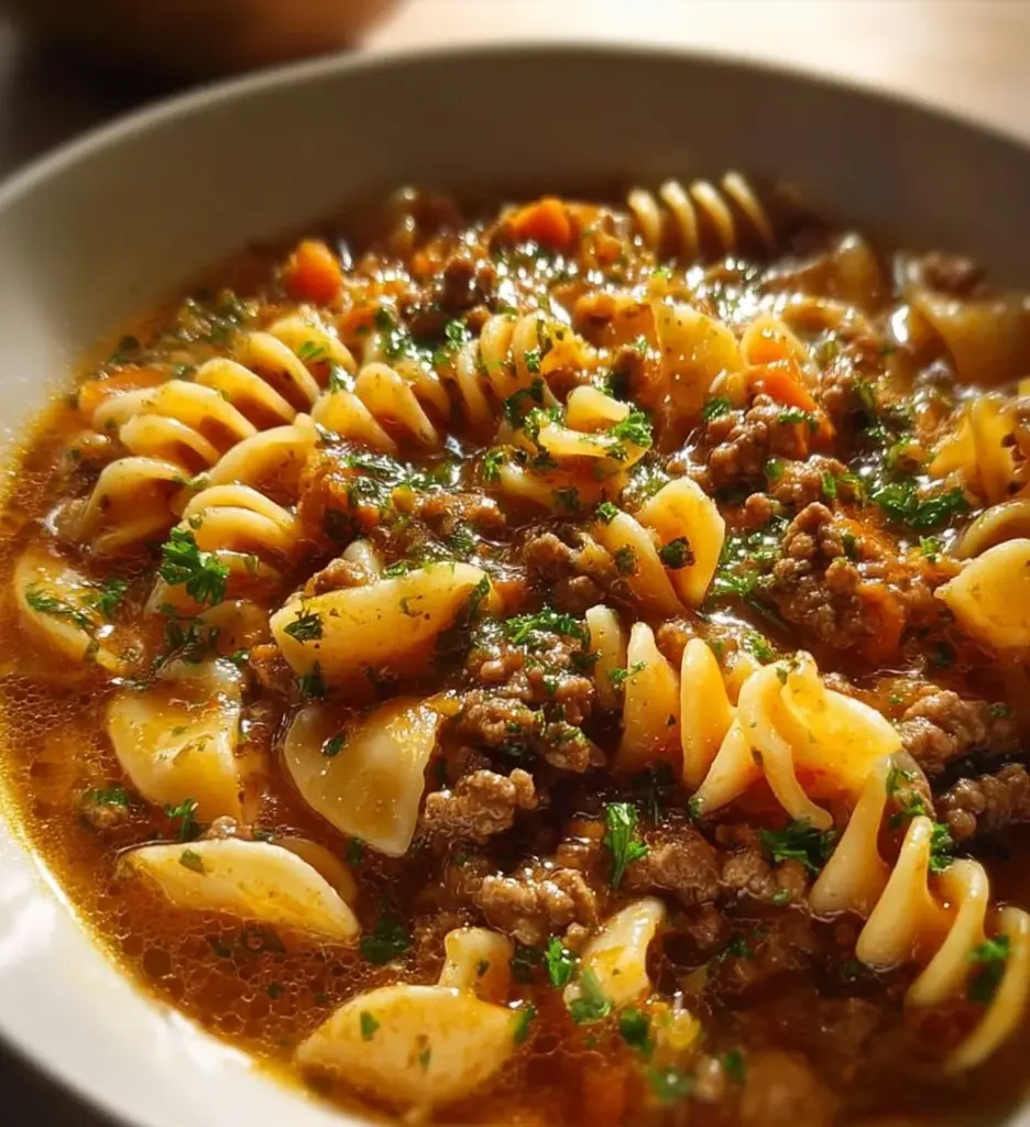 Delicious ground beef pasta soup topped with herbs in a bowl