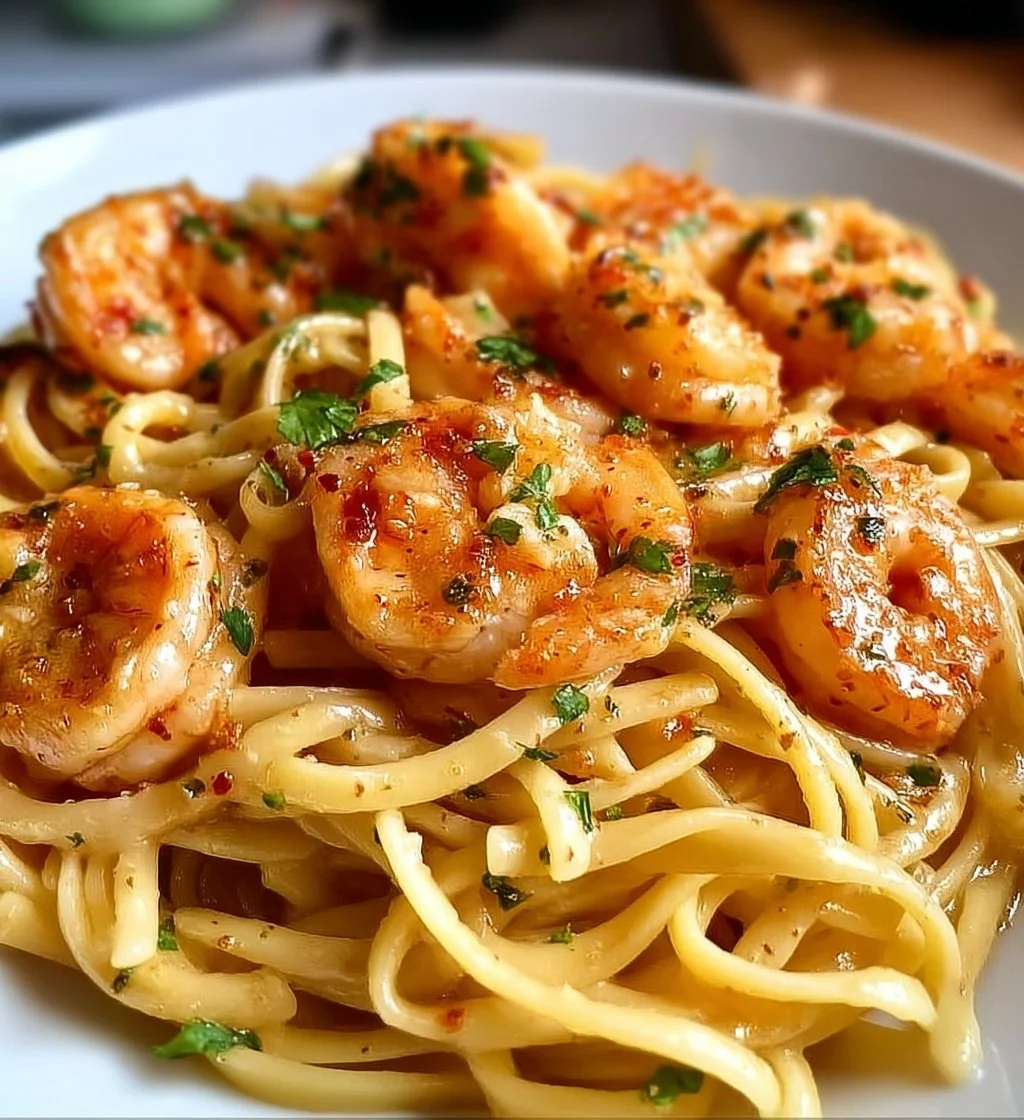 Delicious shrimp pasta garnished with herbs in a bowl